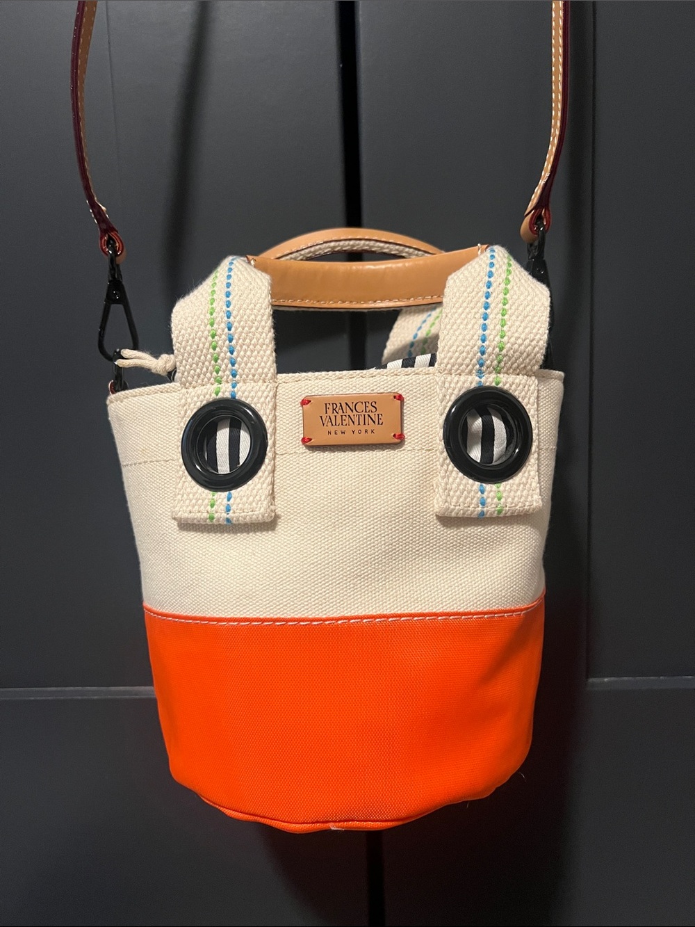 NWT Frances Valentine Cream and Orange Canvas Bucket Crossbody Bag